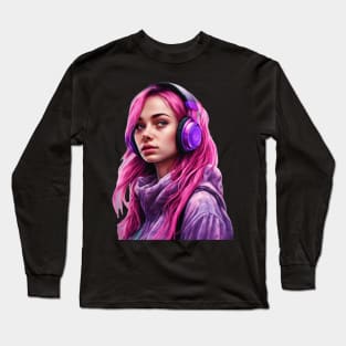 Pink hair girl with purple headphones Long Sleeve T-Shirt